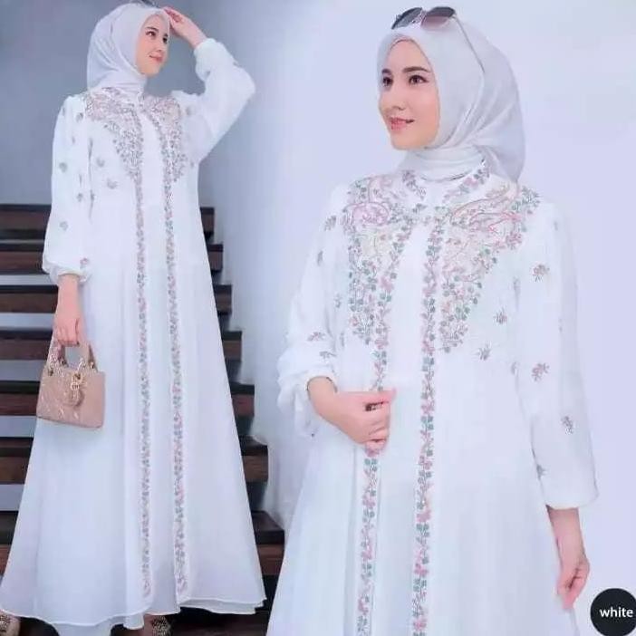 PROMO - Savina Gamis Abaya Bordir 2 Layer Baju Lebaran Muslimah Terbaru Warna Putih Gamis Ceruty Bor