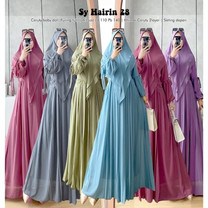 Baju Gamis Wanita Muslim Hairin Syari 28 Dress Set Khimar Polos Ceruti Cantik Fashion Perempuan