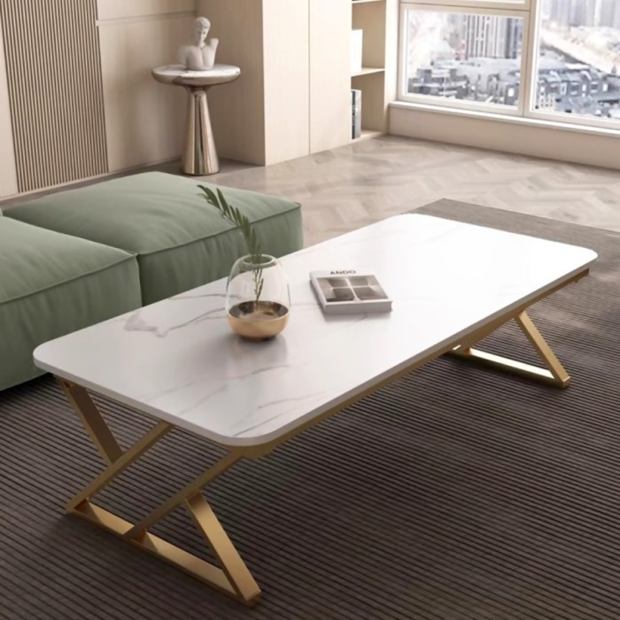 Meja Tamu Top Marmer Kaki Emas Hitam Sofa Ruang Tamu Kantor Minimalis