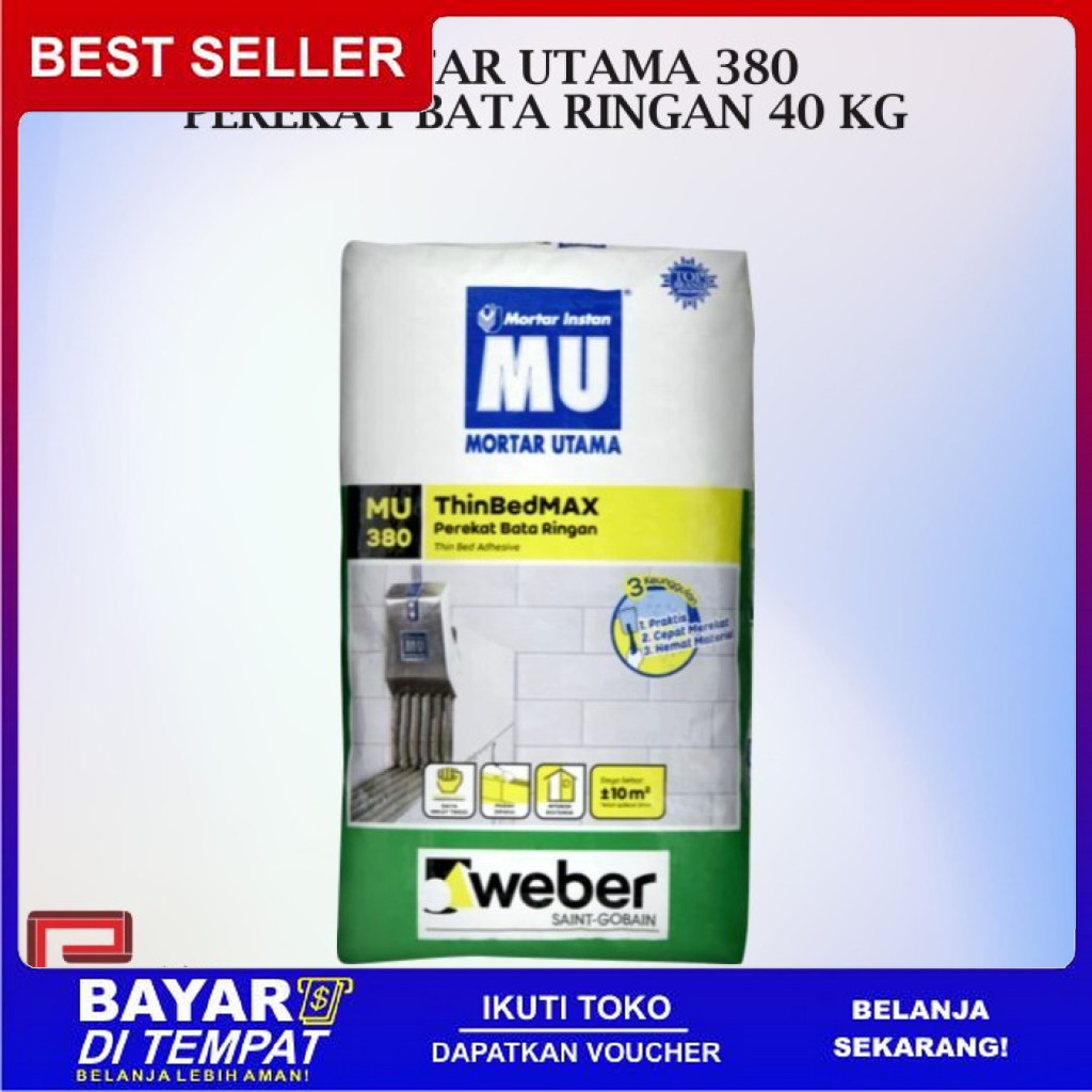 FREE ONGKIR MORTAR UTAMA 380 PEREKAT BATA RINGAN 40 KG MU 380 BISA COD