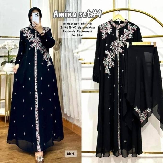 Baju Gamis Wanita Muslim Amina Dress Set Jilbab Ceruti Bordir Cantik Fashion Perempuan Dewasa Remaja