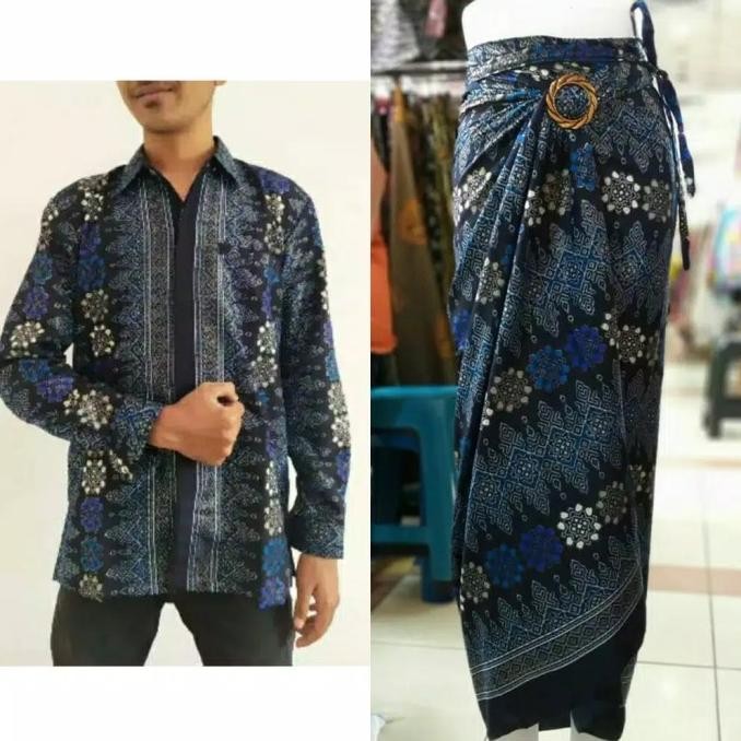 Terbaru Laris, Couple Kemeja Batik Toraja Biru Elektrik Rok Lilit Batik