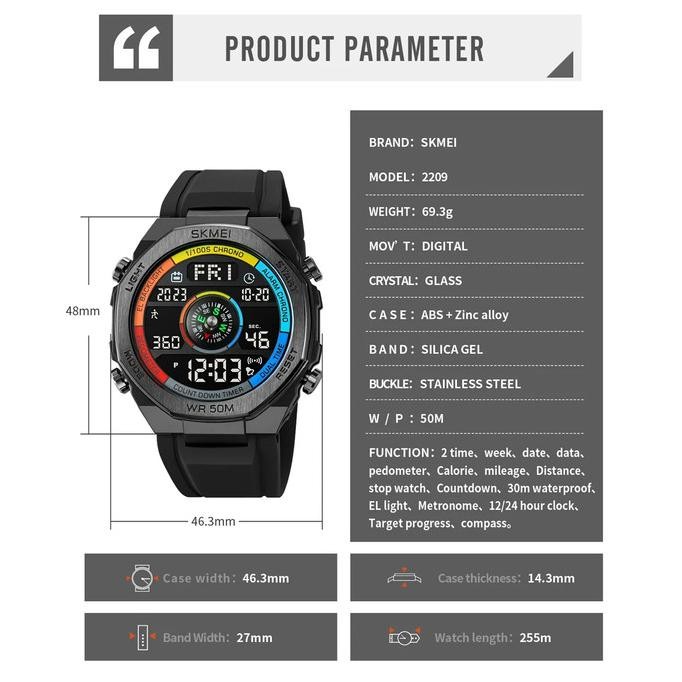 Jam tangan pria digital Skmei 2209 Kompas Tali Karet Rubber Anti Air Terlaris