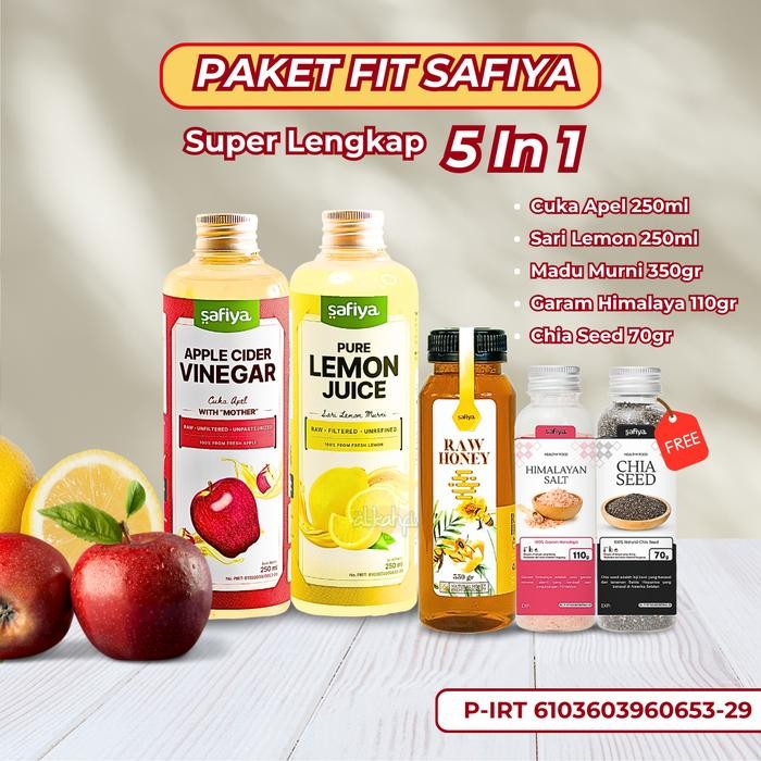 

[PAKET FIT ISI 5] CUKA APEL 250ML + SARI LEMON 250ML + MADU 350GR + GARAM HIMALAYA 110GR + CHIA 70GR