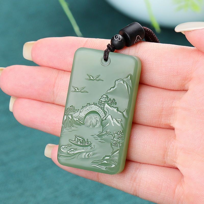 Xinjiang Hetian Jade Danau Hijau Lanskap Liontin Giok Tanah Yang Indah Liontin Giok