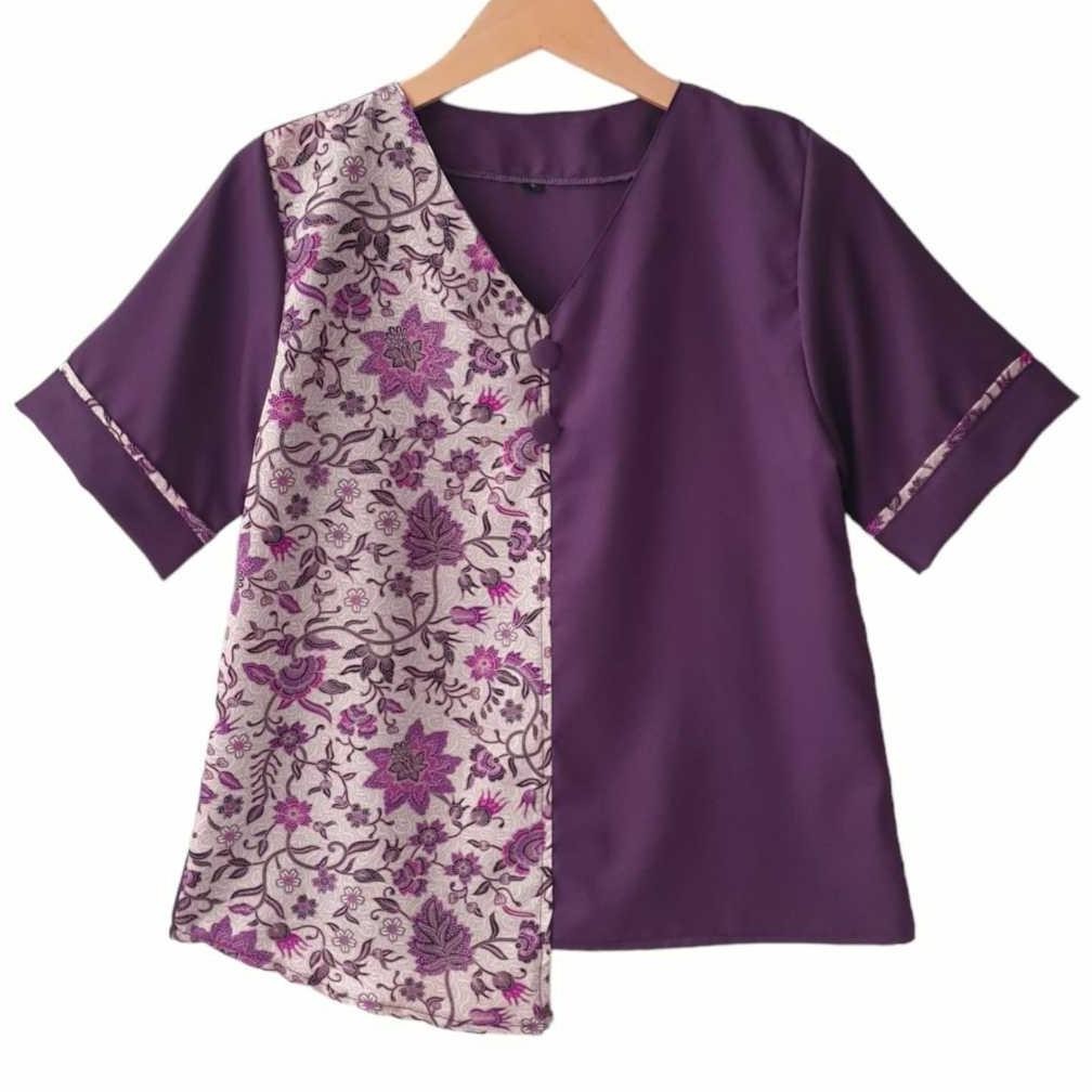 CR - Blus Jumbo Lesy Kasual Wanita Bahan Mosscrepe Kombinasi Kain Batik Silk Lengan Pendek Kerah V N