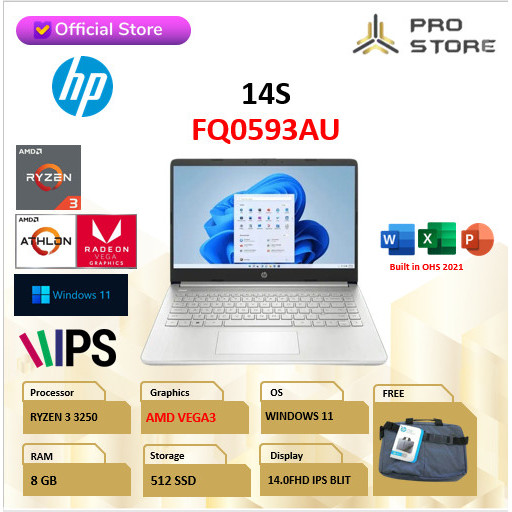 Hp 14S Fq0020Au Ryzen 3 3250U 8Gb 512Ssd W10+Ohs 14Fhd Blit Slv