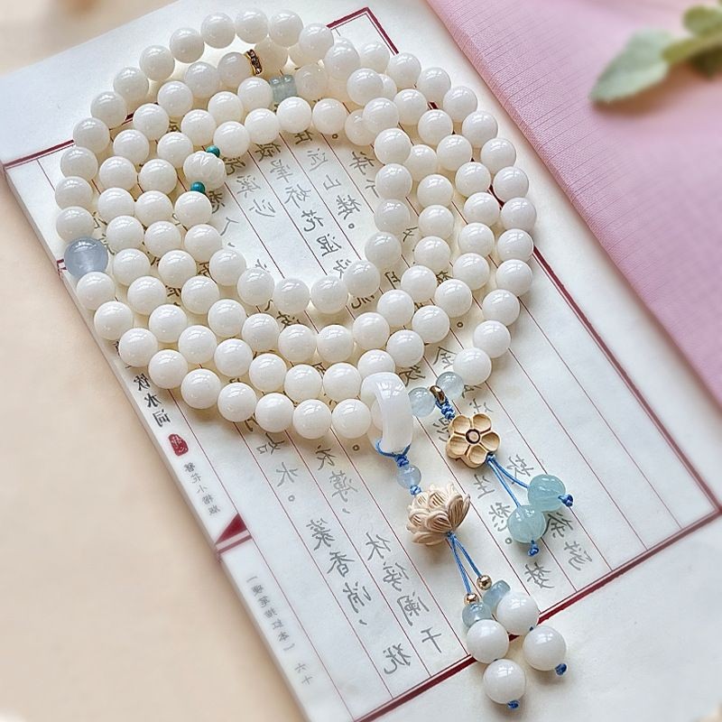 Gelang Bodhi Putih108Manik Bulat Giok Putih Benih Bodhi Manik Buddha Permainan Budaya