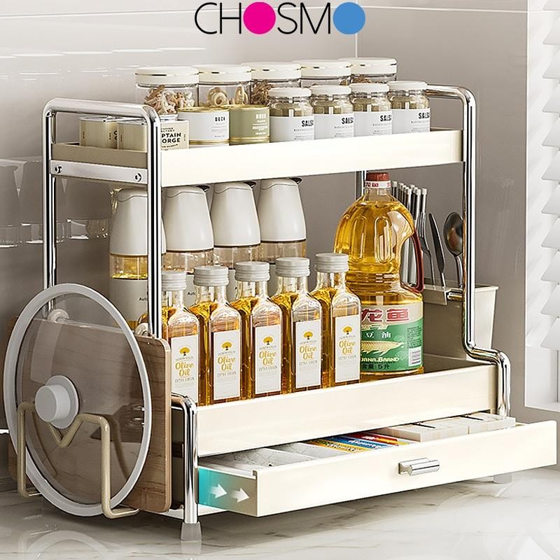 Rak Bumbu Dapur Stainless Steel Rak Bumbu dengan Laci Rak Dapur Serbaguna Rak Botol Bumbu