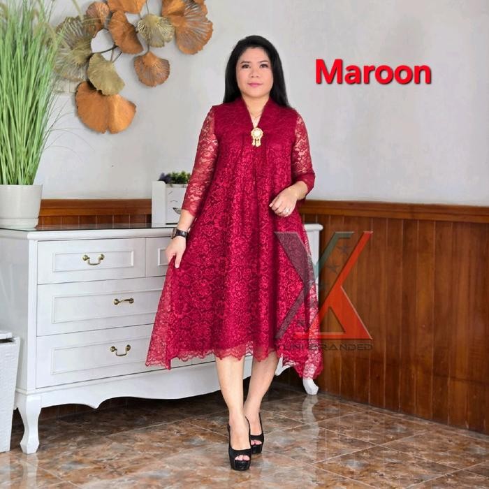 DRESS PESTA BRUKAT SILVANA WANITA GAUN BROKAT V-NECK A-LINE