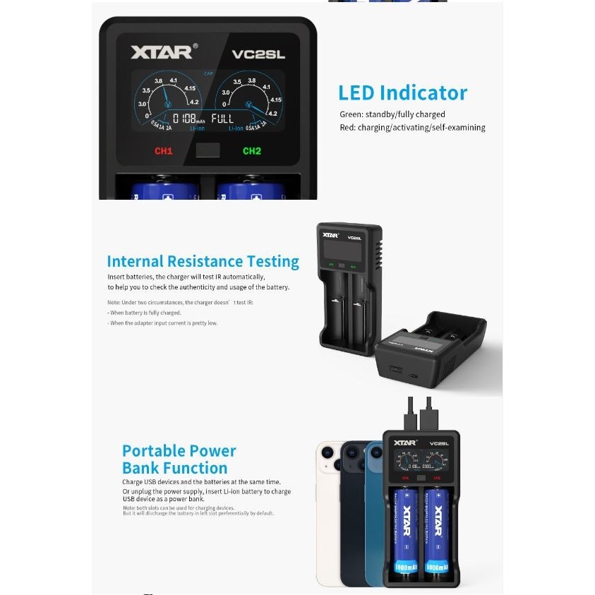 Xtar Vc2Sl Charger, Protected 21700, Usb C, Power Bank Function
