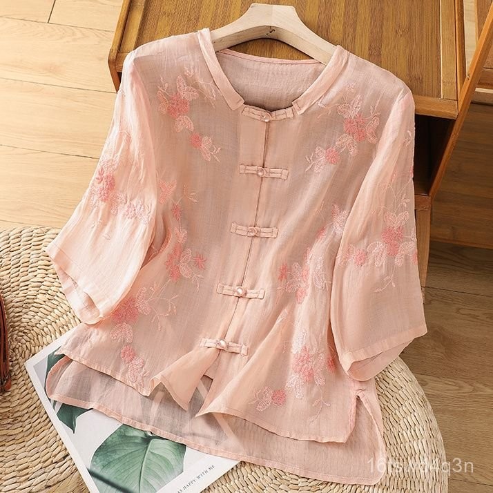 Blus Wanita Kancing Depan Elegan Baru Bordir Katun Linen