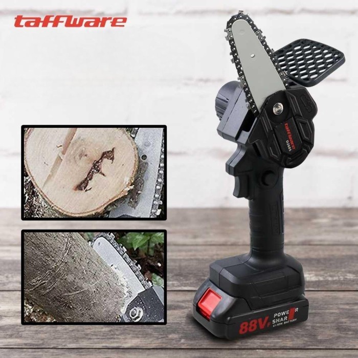 Mesin Gergaji Listrik Mini 88V Taffware D2605 Senso Rantai Elektrik Pemotong Kayu Cordless Chainsaw