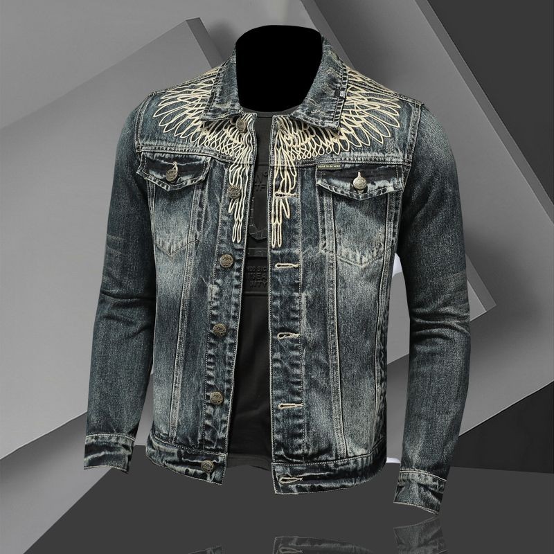 Jaket pria denim slim fit dengan kerah lipat