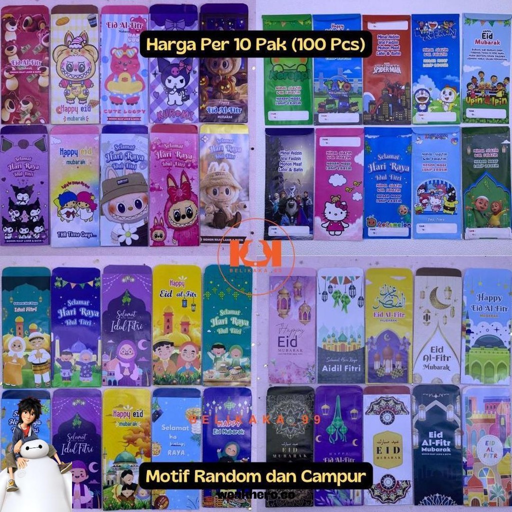 

(10 Pak Isi 100 Pcs - Besar - C) Amplop Lebaran Motif Karakter Kartun Muslim Ukuran Besar Siap Pakai Promo