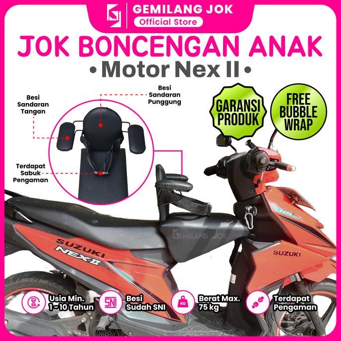 JOK BONCENGAN ANAK MOTOR SUZUKI NEX ADA BESI SANDARAN & SEATBELT