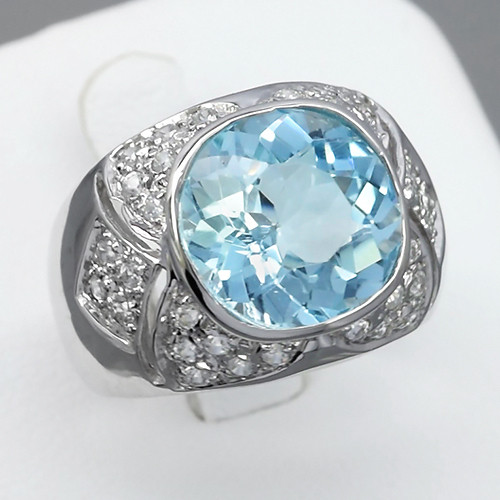 JS116 Natural Blue Topaz 7.20ct Ring With White Zircon in 8gr Sterling Silver Size 7US