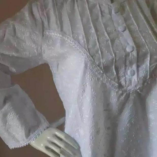 Stelan Putih Katun / Stelan Celana Putih Umroh Haji Katun Poliester Polos Bunga Hitam Putih Kancing 