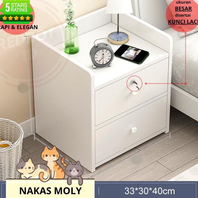 Meja Nakas Minimalis Putih Aesthetic MOLY Kunci Laci Ukuran Besar