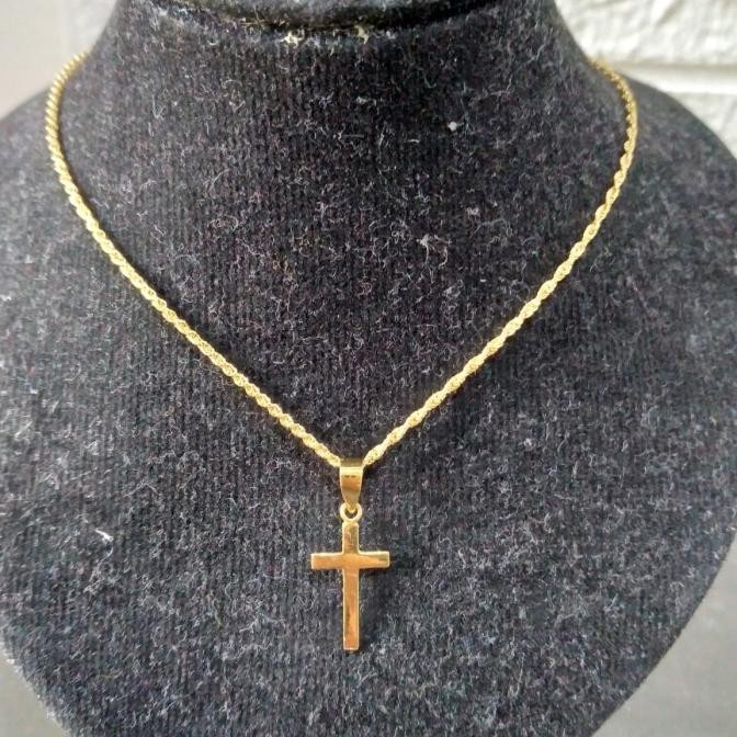 set kalung dan liontin salib plat polos elegant emas asli