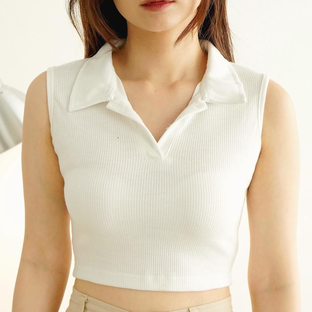 Crop Top Tanktop Kerah Rib Knit Wanita Tank-Top V-Neck 137