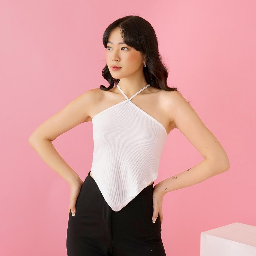 Tanktop Diamond Korean V-Neck Tank Top Wanita Rib Knit Tengtop Korea Or0800