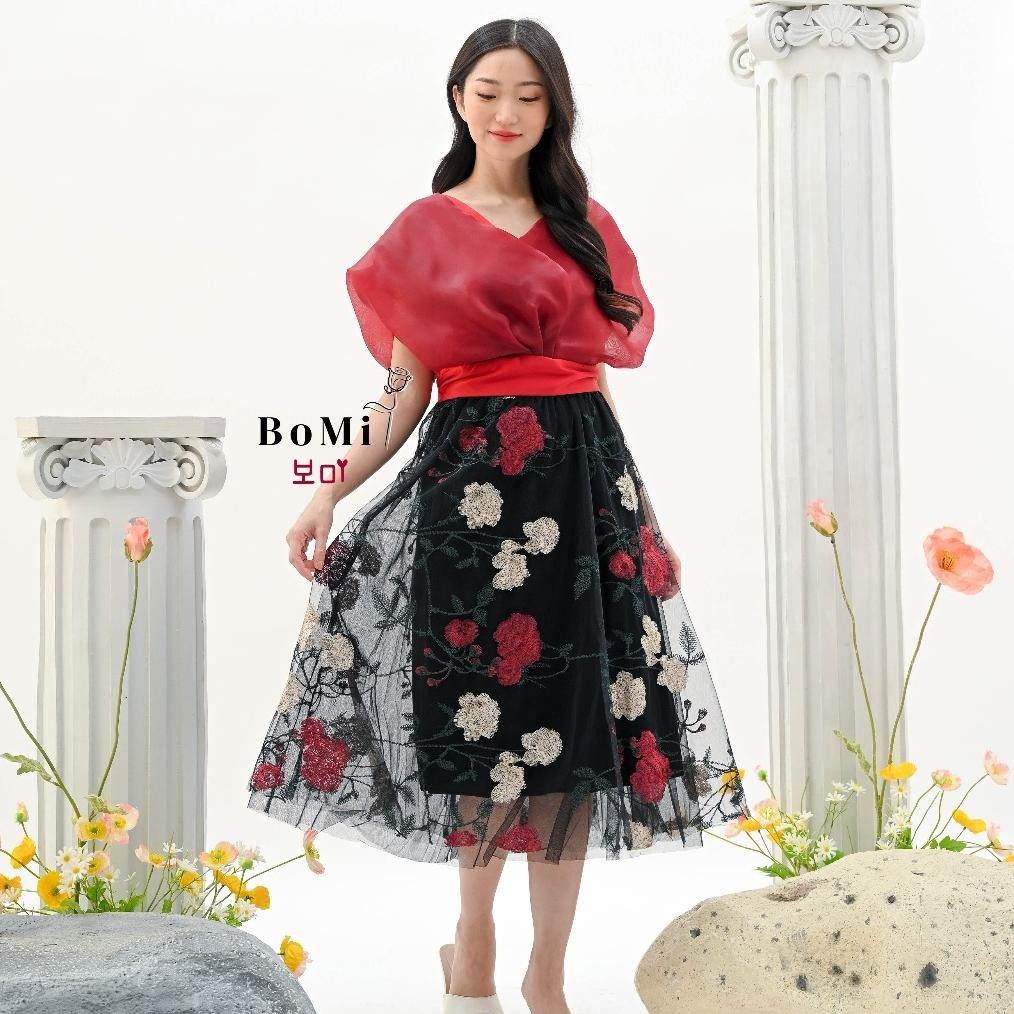 Skirt Flower Mawar Korean Premium Rok Tutu Tile Motif Timbul Bunga 3 Lapis Dengan Furing