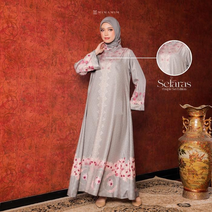 Terbaru Mimamim - Gamis Muslim Couple Set Selaras Seruni Series Sage Green Motif - Dress Kemeja Koko