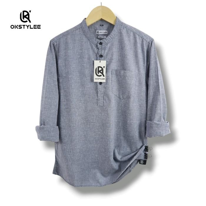 Kemeja Kemko Pria Basic Polos Lengan Panjang Linen Premium Kerah Koko Muslim Kurta Baju Dewasa
