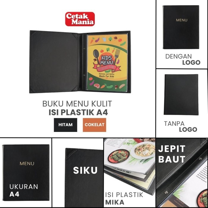 

CETAK MANIA - BUKU MENU KULIT POLOS DAN LOGO JEPIT BAUT ISI PLASTIK MIKA A4 & 15X30 COKLAT MUDA,