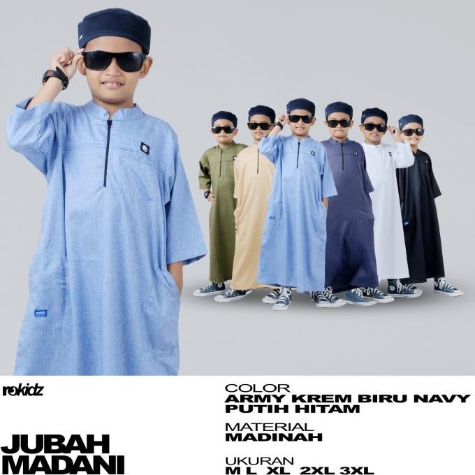 Murah Jubah Madani Rokidz - Jubah Gamis Anak Laki-Laki Al Haramain, Kerah Koko, Lengan 7/8, Bahan Ma