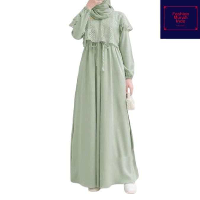 Terbaru Gamis Lebaran 2024 Warna Sage Green Hijau Crinkle Brokat Dress Premium Berkualitas
