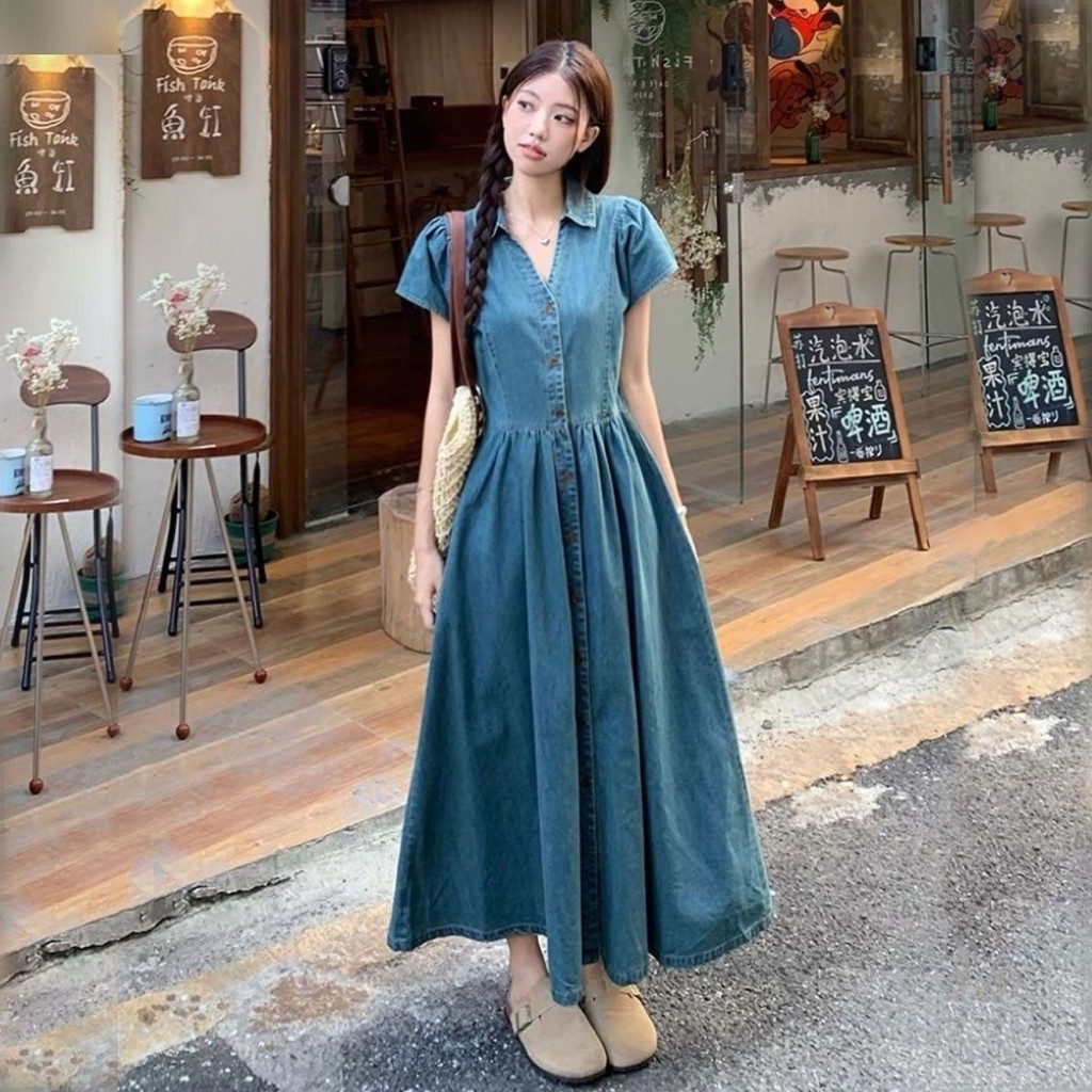 Denim French Style Dress Summer Retro Elegant Slimming Long Dress
