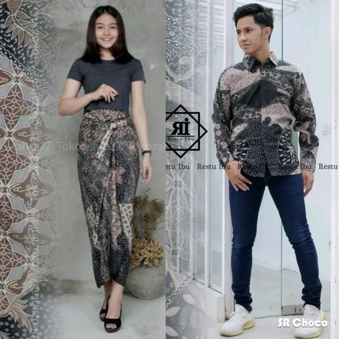 New Restu Colletion Couple Rok Lilit Wanita Dan Kemeja Pria Batik Bahan Premium Tebal Motif Sr Mocca