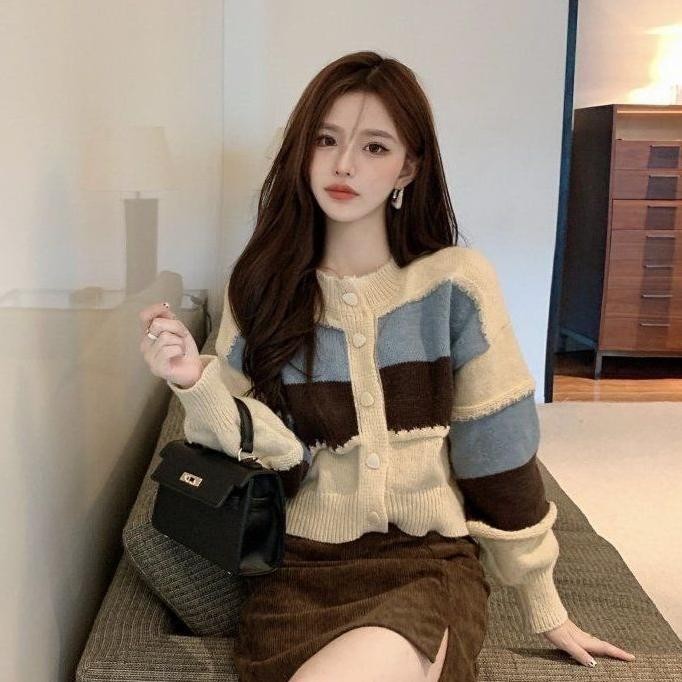 Rajut - Cardigan Rajut Korea Stripe Knit Cardigan Baju Rajut Wanita Lengan Panjang
