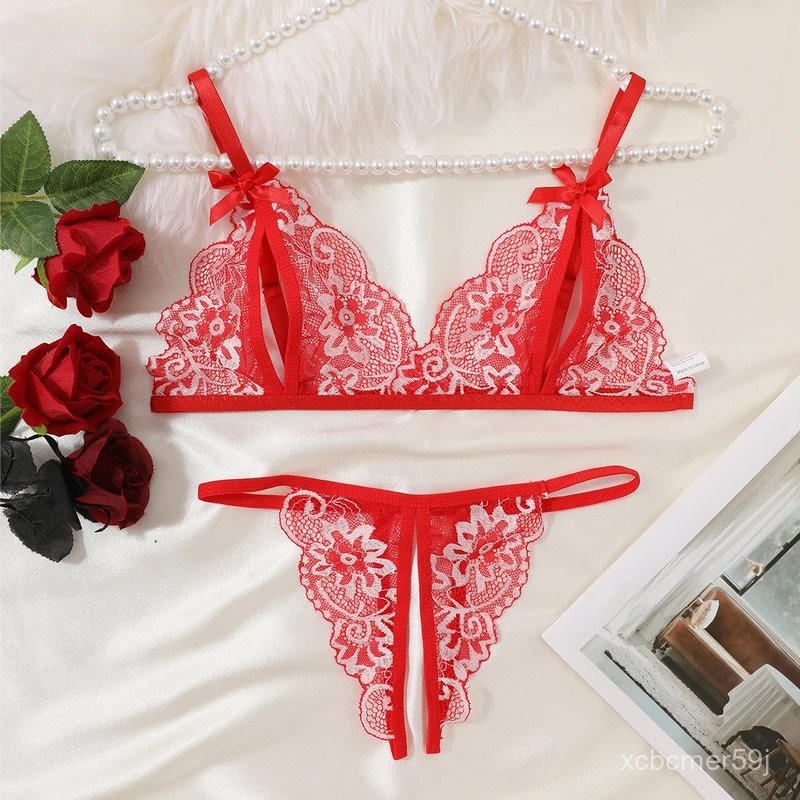 Set Bra Renda Wanita Seamless Pakaian Dalam Tanpa Punggung Hollow Out Tanpa Selangkangan Terbuka Sex