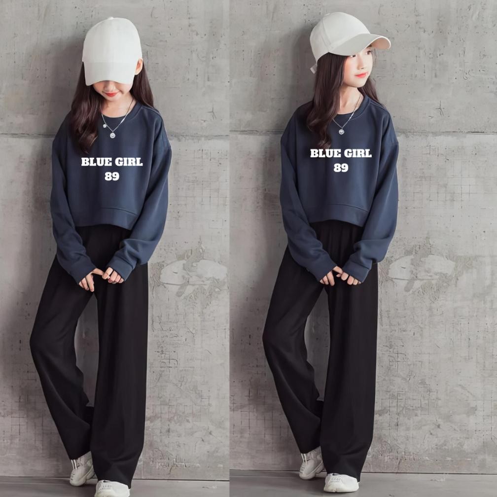 One Set Remaja Setelan Celana Kulot Moola Dan Crop Top Big Size Blue Girl 89