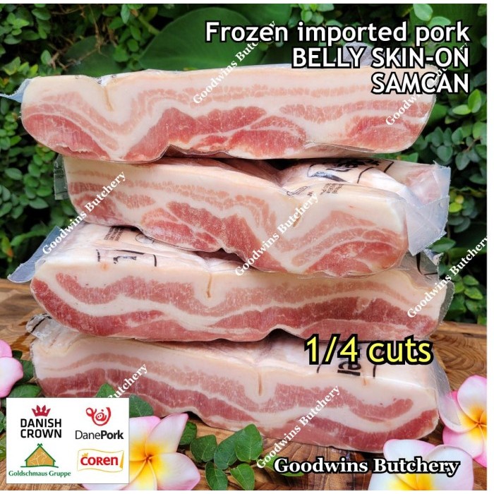 

1.1kg pork DUROC BELLY skin-on SR (Single Ribbed) frozen Coren Spain Kode 608