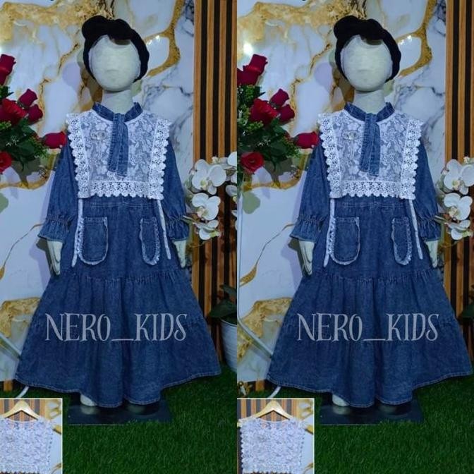 Gamis Jeans Anak Perempuan Usia 3 - 10 Tahun -Gamis Anak Rompi Brukat Mix Jeans Premium Terbaru 2025