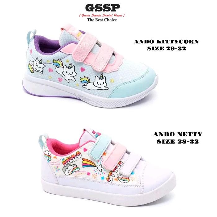 Terbaru Sepatu Sneakers anak perempuan Ando Kittycorn ,Ando Netty Velcro sepatu sekolah anak PAUD TK