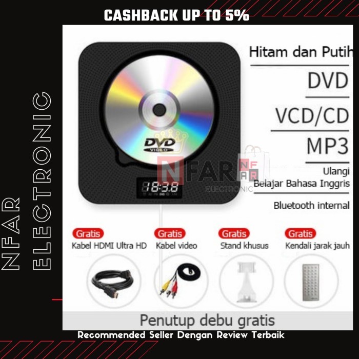 Portable CD Player Bluetooth Mountable Wall DVD Player Pemutar CD DVD