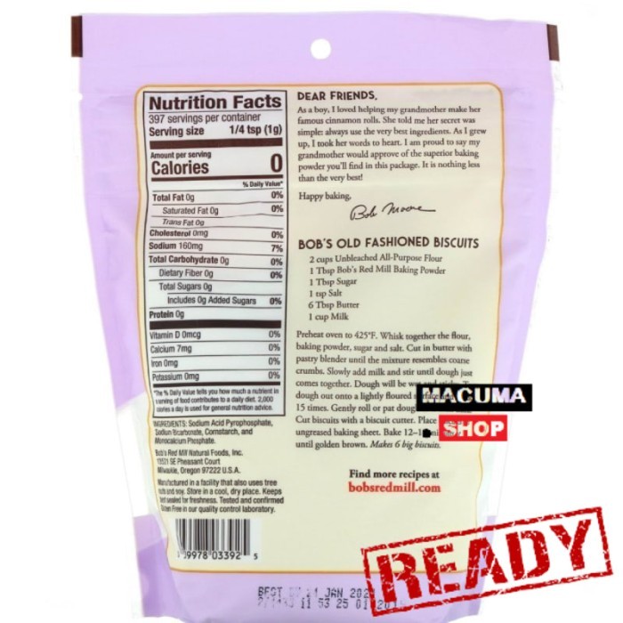 

BOB'S RED MILL BAKING POWDER NO ADDED ALUMINUM - GLUTEN FREE 397 G