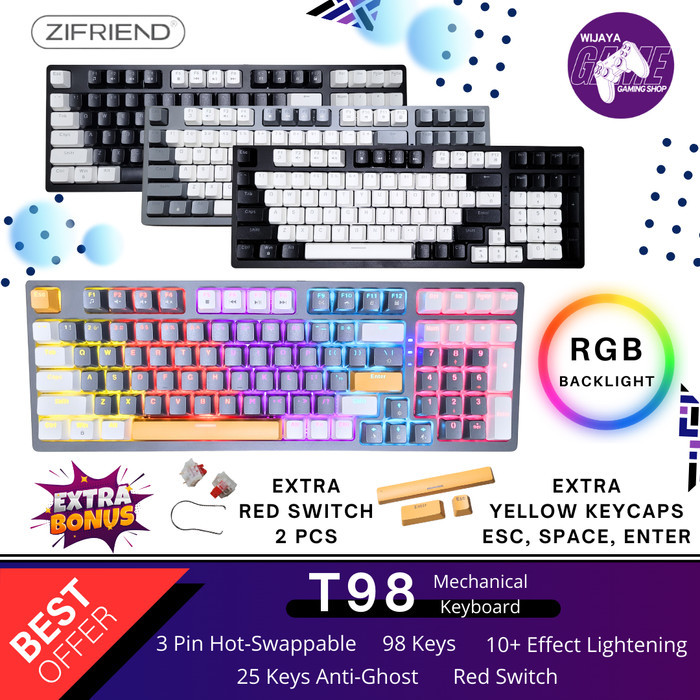 ZIFRIEND KY98 Mechanical Gaming Keyboard 98 Keys HotSwappable Red Swit