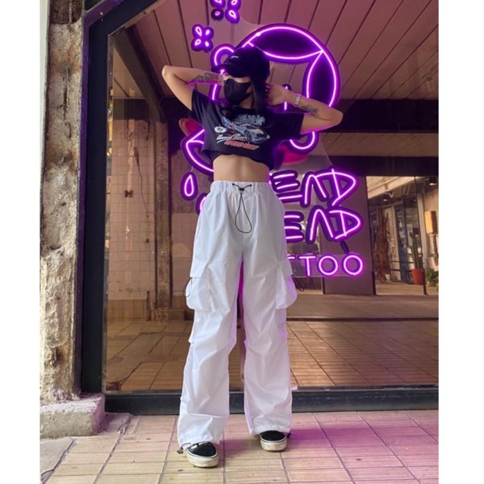 Cargo Pants Wanita Celana Parasut Panjang Putih Streetwear Unisex