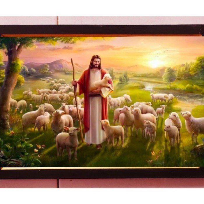 

HIASAN DINDING LUKISAN CETAK YESUS GEMBALA DOMBA PLUS BINGKAI UKURAN 65X45