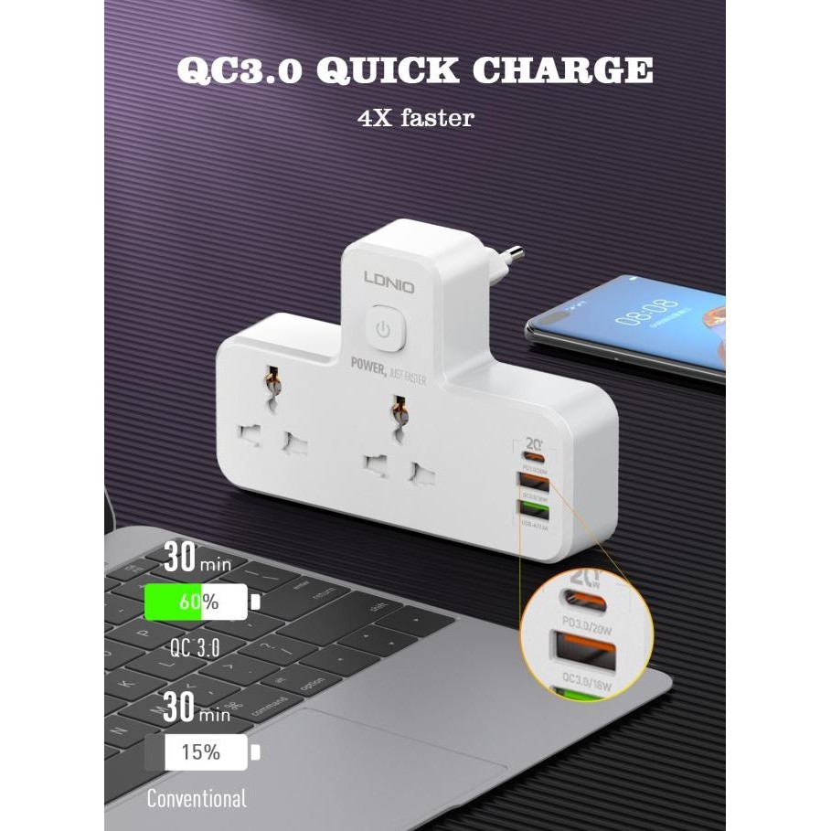 LDNIO Power Socket SE2435 SC2413 SC2311 LED Lamp 2 Socket 3USB Port #Gosend#**