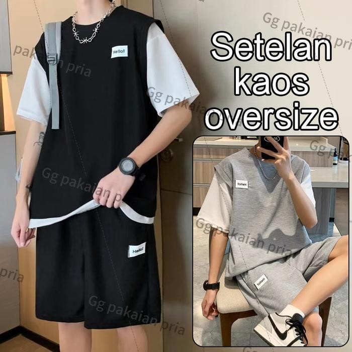 Baju Setelan Pria 2024 Korean Style Kaos Oversize+Celana Pendek Ootd One Set Pria Hitam Abu M-Xxxl