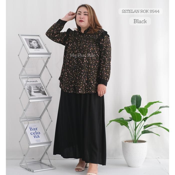 Setelan Rok Bunga Wanita Jumbo 3544, Ld 130 & 145 Cm