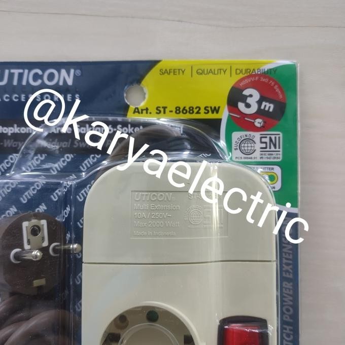STOP KONTAK UTICON 3 LUBANG SAKLAR KABEL 3 METER UTICON ST-8382 SW