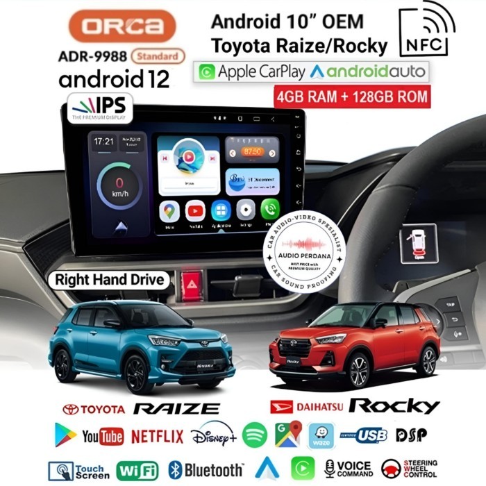 Head Unit Android Orca Raize-Rocky Orca 9988 Auto Carplay 10 Inch